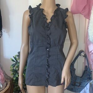 Y2K Denver Hayes grey black pinstripe sleeveless ruffle shirt top M